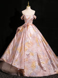 Pink Wrinkled Prom Dresses Shimmering Off the Shoulder Quinceanera Dresses BG003