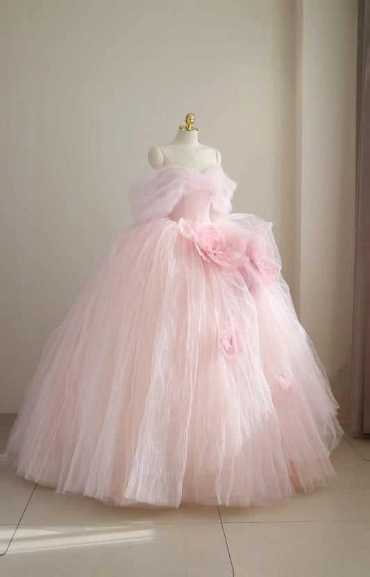Prom Dresses 2025 to impress Pink Wrinkled Tulle Quinceañera Dress with Blossom 3D Flower – Style 25302-vigocouture-Pink-Custom Size-vigocouture