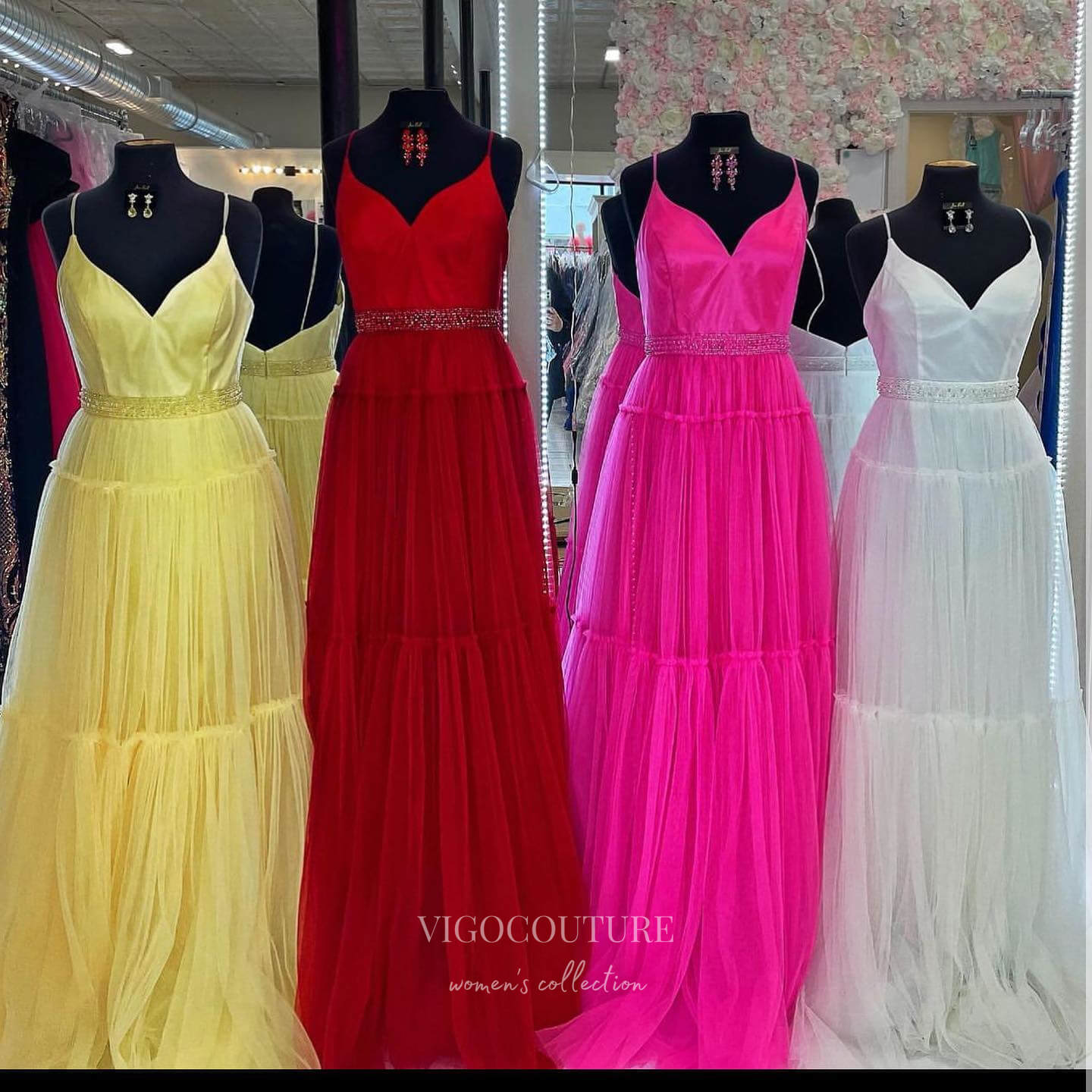 Prom Dress 2025 Pleated Tulle Cheap Prom Dresses Spaghetti Strap Beaded Belt 24163-unique elegant Prom Dresses-Red-Custom Size-vigocouture