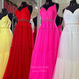 Prom Dress 2025 Pleated Tulle Cheap Prom Dresses Spaghetti Strap Beaded Belt 24163-unique elegant Prom Dresses-Red-Custom Size-vigocouture