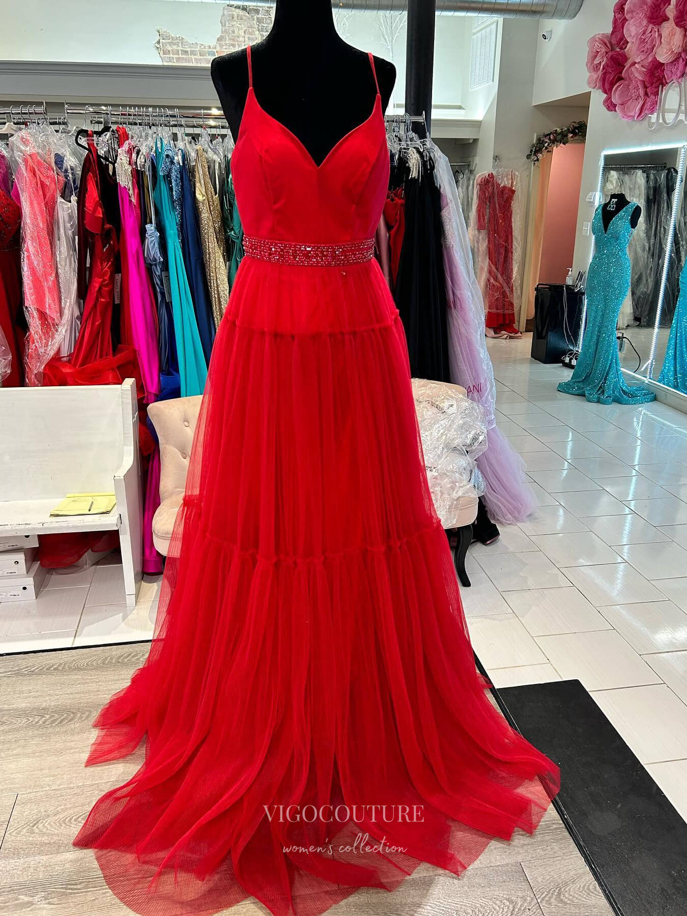 Prom Dress 2025 Pleated Tulle Cheap Prom Dresses Spaghetti Strap Beaded Belt 24163-unique elegant Prom Dresses-Red-Custom Size-vigocouture