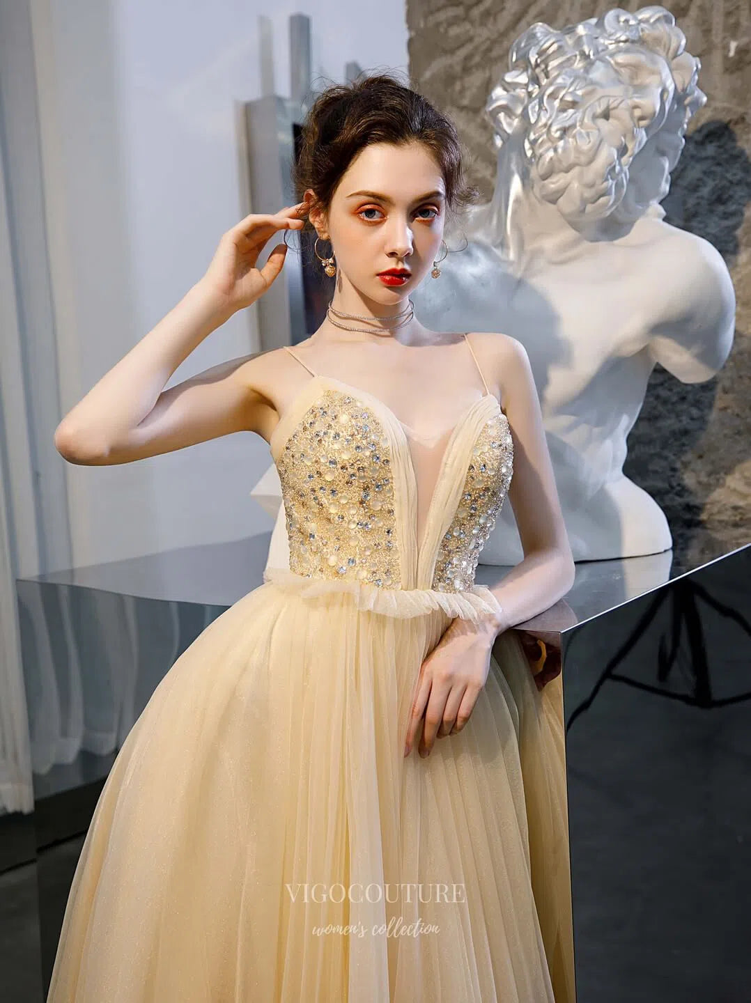 Prom Dress 2025 Plunging V-Neck Beaded Prom Dress 20205-unique elegant Prom Dresses-Champagne-US2-vigocouture