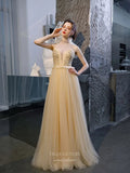 Prom Dress 2025 Plunging V-Neck Beaded Prom Dress 20205-unique elegant Prom Dresses-Champagne-US2-vigocouture