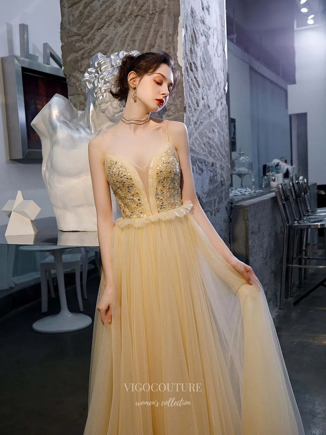 Prom Dress 2025 Plunging V-Neck Beaded Prom Dress 20205-unique elegant Prom Dresses-Champagne-US2-vigocouture