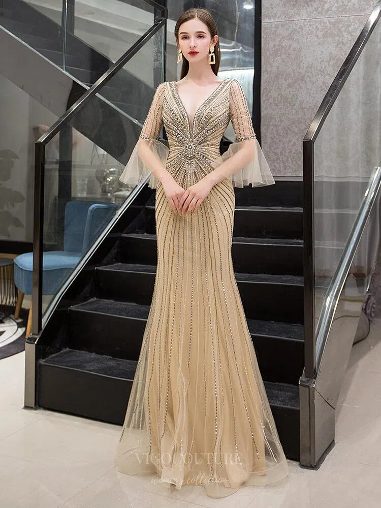 Prom Dress 2025 Plunging V-neck Mermaid Elbow Sleeve Beaded Prom Dresses 20090-unique elegant Prom Dresses-Gold-US2-vigocouture