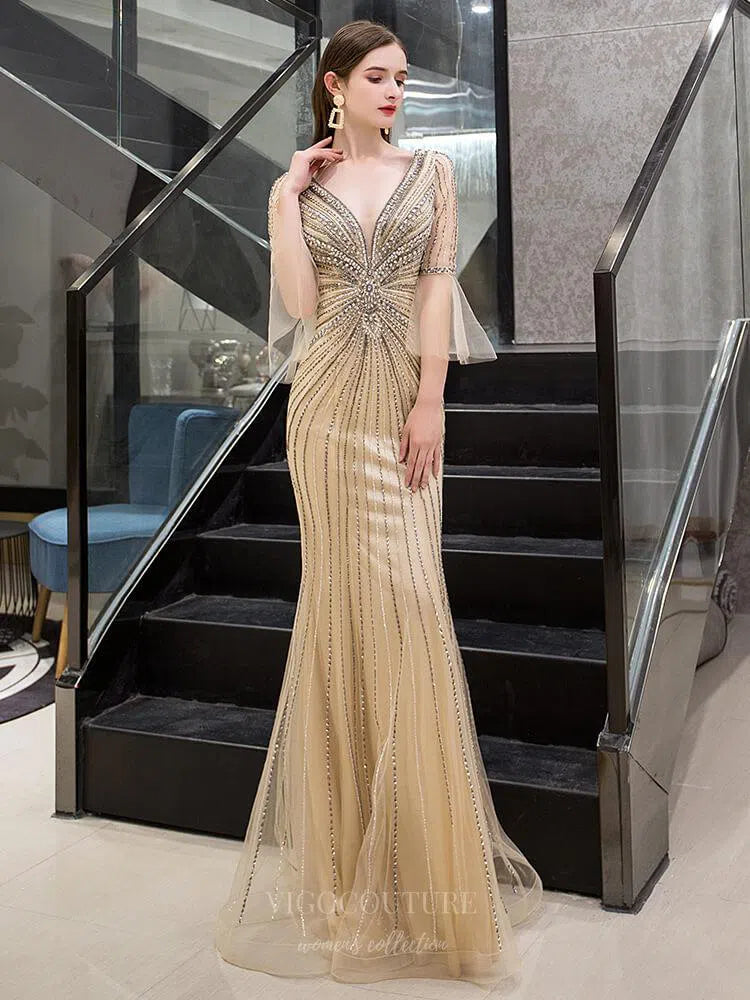 Prom Dress 2025 Plunging V-neck Mermaid Elbow Sleeve Beaded Prom Dresses 20090-unique elegant Prom Dresses-Gold-US2-vigocouture