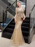 Plunging V-neck Mermaid Elbow Sleeve Beaded Prom Dresses 20090