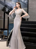 Prom Dress 2025 Plunging V-neck Mermaid Elbow Sleeve Beaded Prom Dresses 20090-unique elegant Prom Dresses-Grey-US2-vigocouture