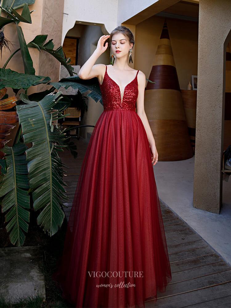 Prom Dress 2025 Plunging V-Neck Spaghetti Strap Prom Dress 20244-unique elegant Prom Dresses-Red-US2-vigocouture