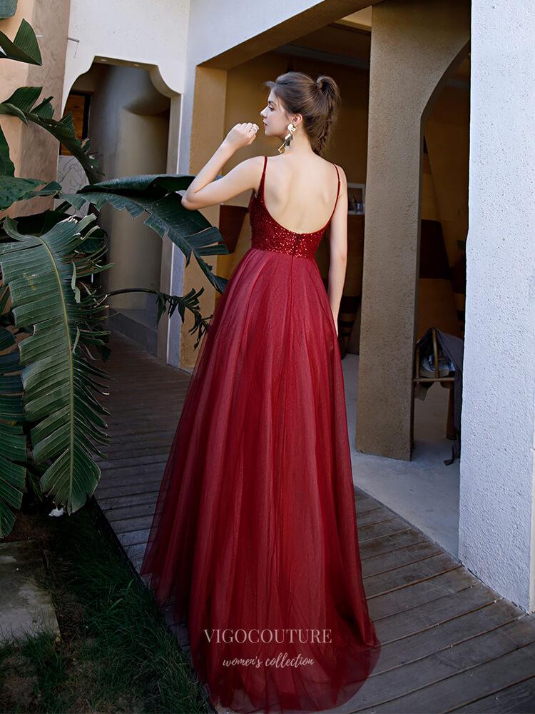 Prom Dress 2025 Plunging V-Neck Spaghetti Strap Prom Dress 20244-unique elegant Prom Dresses-Red-US2-vigocouture