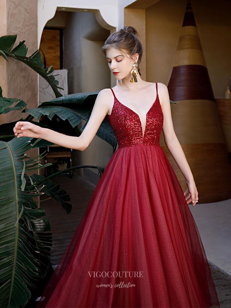 Prom Dress 2025 Plunging V-Neck Spaghetti Strap Prom Dress 20244-unique elegant Prom Dresses-Red-US2-vigocouture