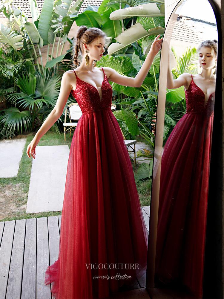 Prom Dress 2025 Plunging V-Neck Spaghetti Strap Prom Dress 20244-unique elegant Prom Dresses-Red-US2-vigocouture