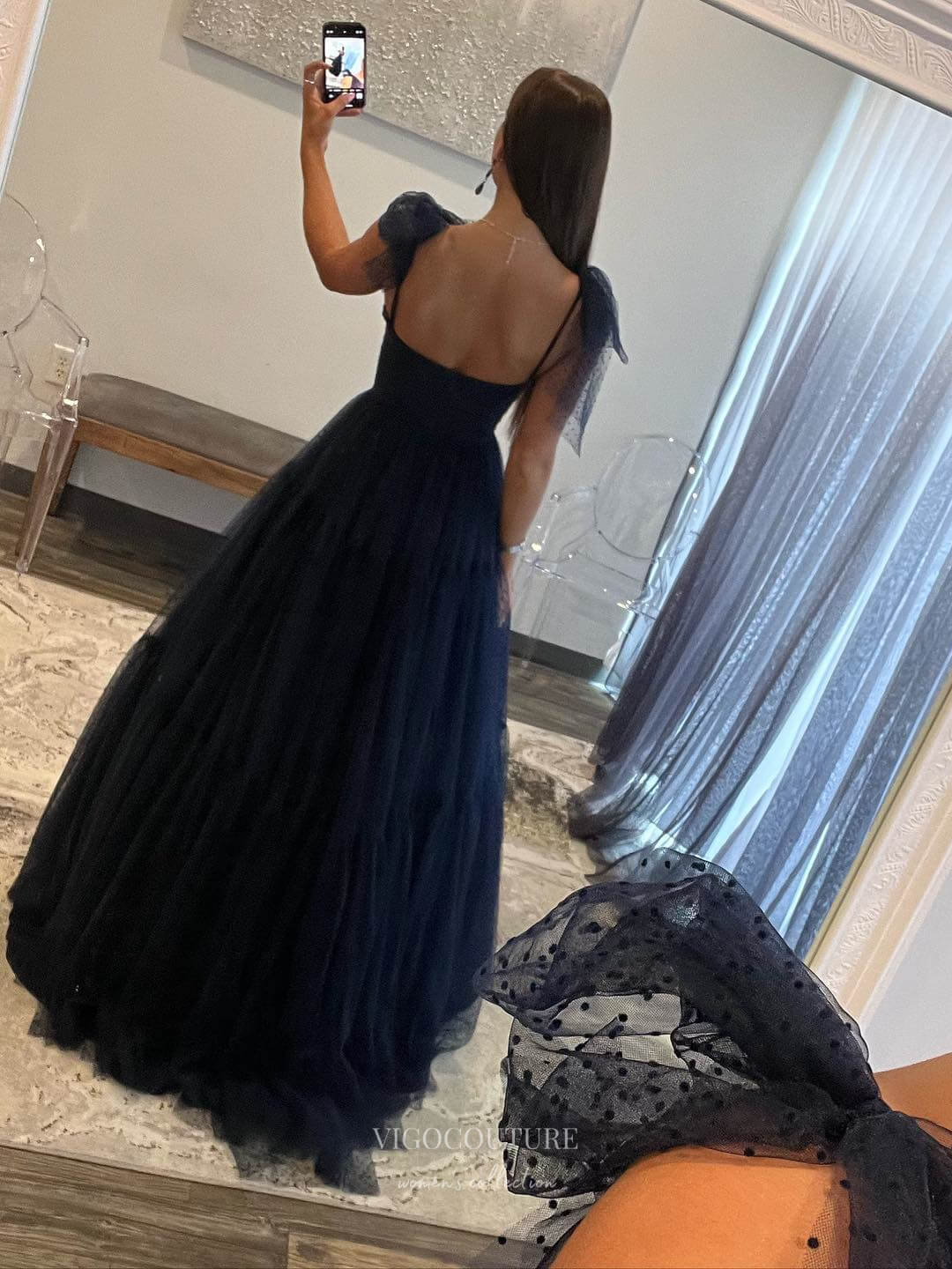Pretty Dotted Tulle Prom Dresses Spaghetti Strap Formal Dress 24043 Navy Blue / 26W Pretty Dotted Tulle Prom Dresses Spaghetti Strap Formal Dress 24043 Navy Blue / 26W