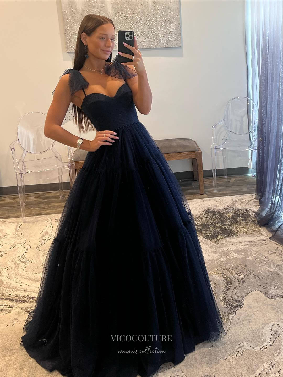 Pretty Dotted Tulle Prom Dresses Spaghetti Strap Formal Dress 24043 Navy Blue / 26W Pretty Dotted Tulle Prom Dresses Spaghetti Strap Formal Dress 24043 Navy Blue / 26W