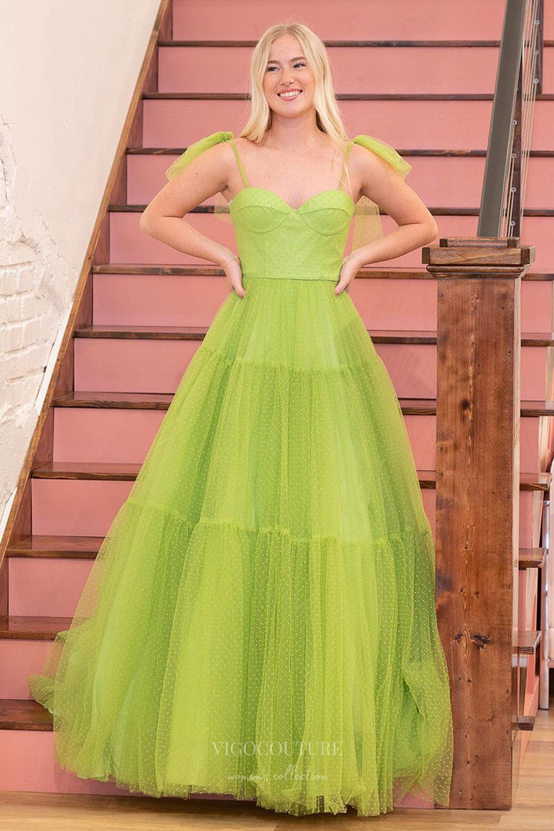 Prom Dress 2025 Pretty Dotted Tulle Prom Dresses Spaghetti Strap Formal Dress 24360-unique elegant Prom Dresses-Light Green-Custom Size-vigocouture