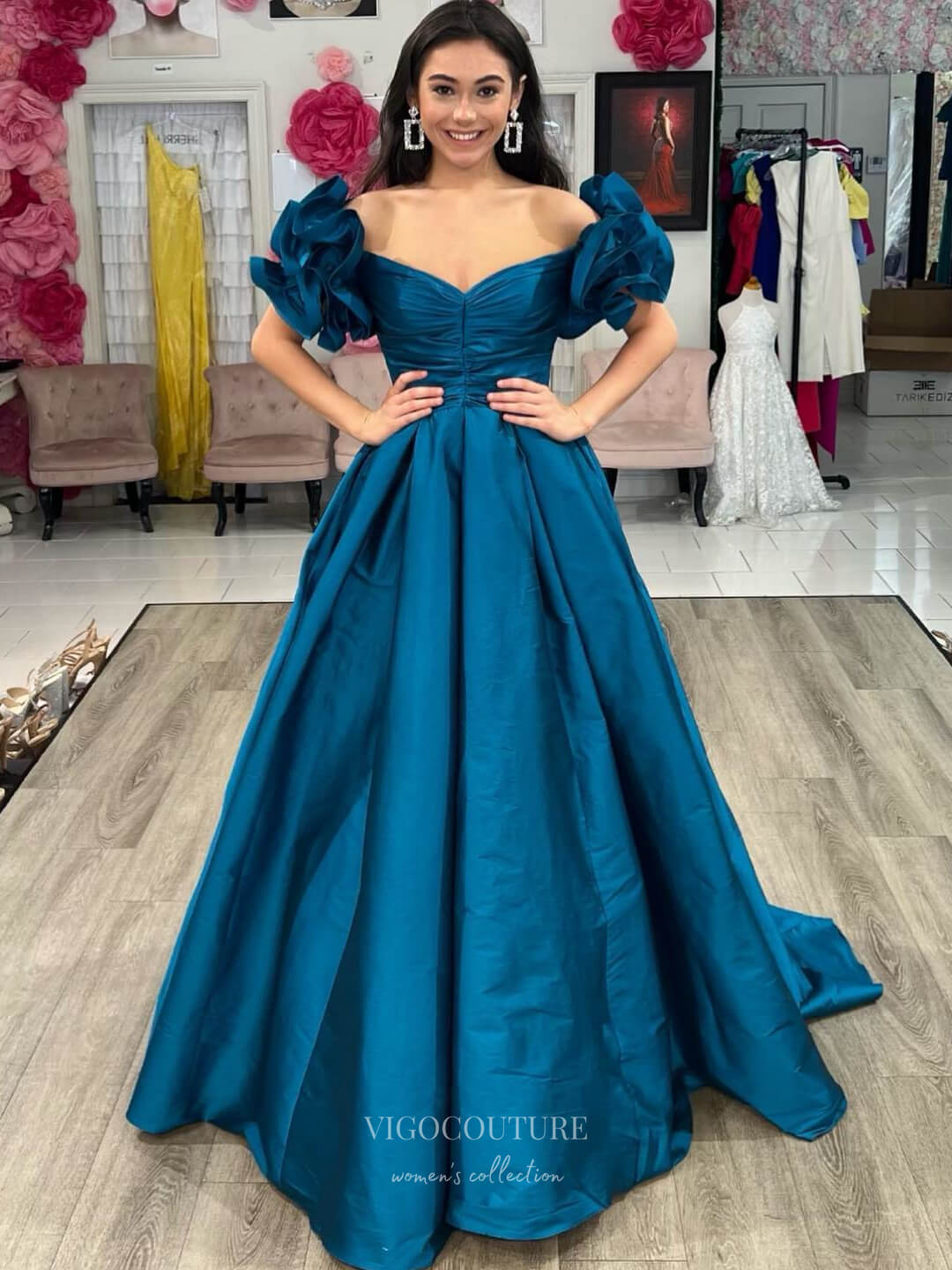 Puffed Sleeve Cheap Prom Dresses Satin Pleated Bodice Formal Gown 24154 - Teal Blue / Custom Size Puffed Sleeve Cheap Prom Dresses Satin Pleated Bodice Formal Gown 24154 - Teal Blue / Custom Size