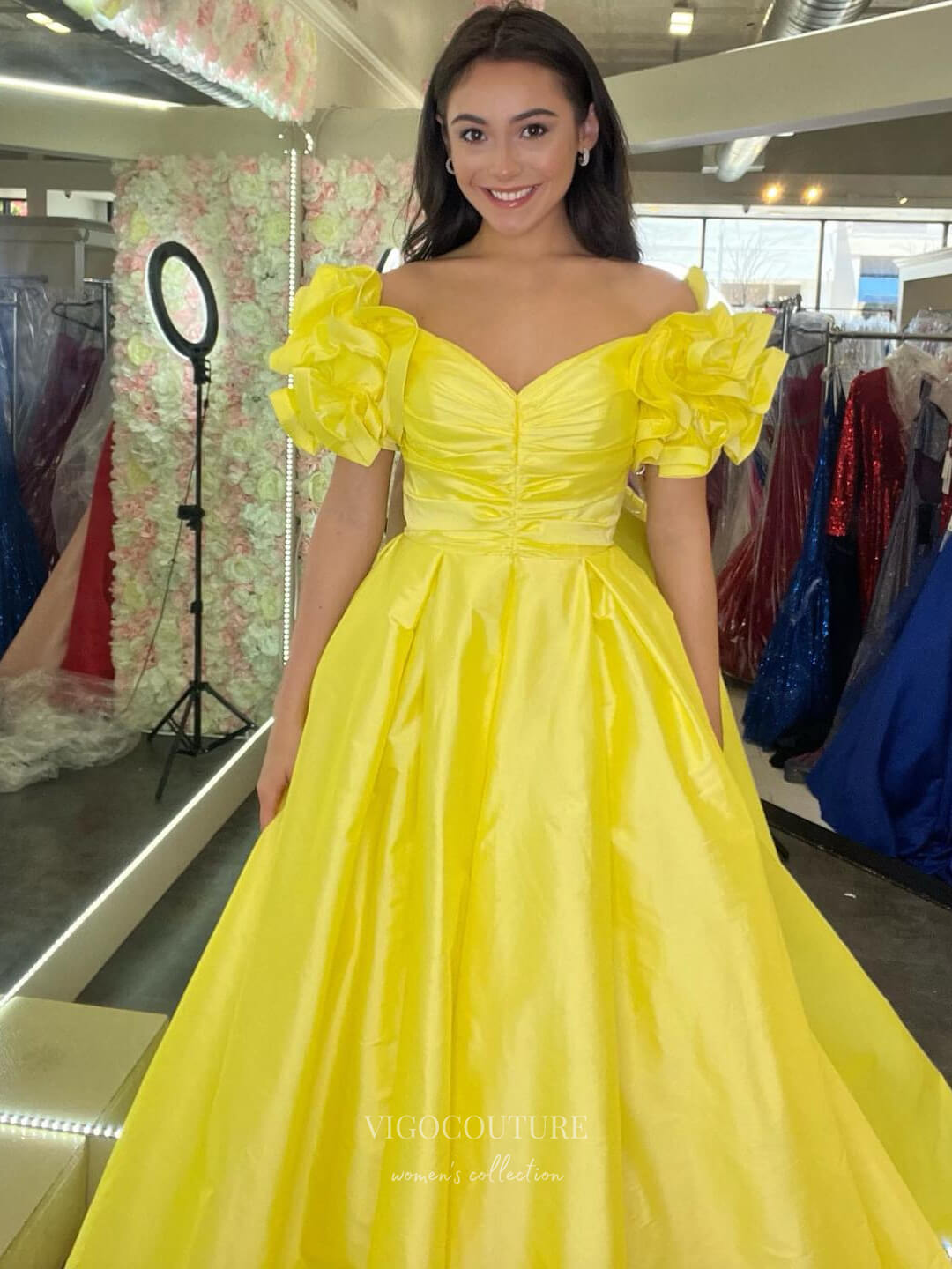 Prom Dress 2025 Puffed Sleeve Cheap Prom Dresses Satin Pleated Bodice Formal Gown 24154-unique elegant Prom Dresses-Yellow-Custom Size-vigocouture