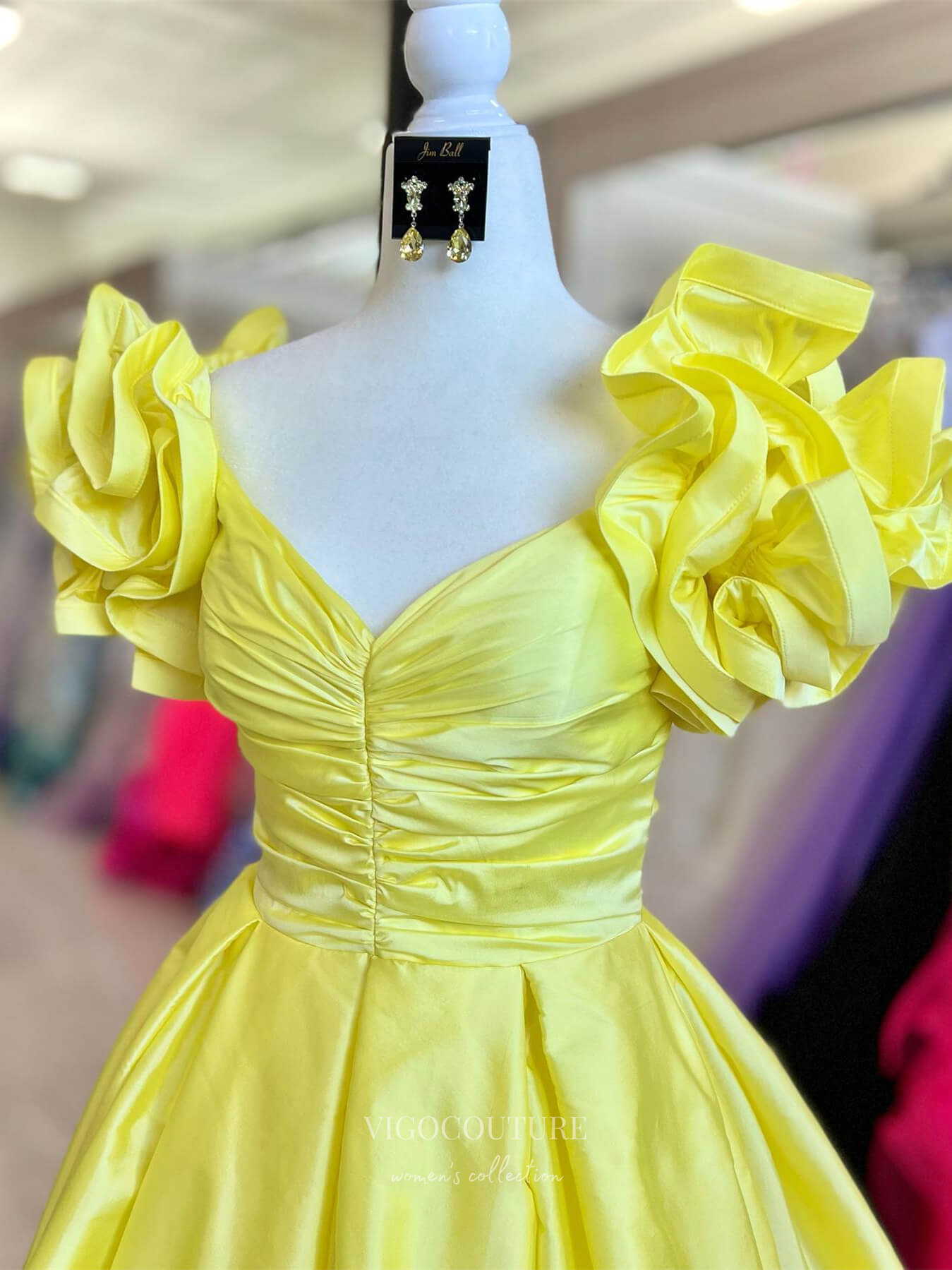 Prom Dress 2025 Puffed Sleeve Cheap Prom Dresses Satin Pleated Bodice Formal Gown 24154-unique elegant Prom Dresses-Yellow-Custom Size-vigocouture