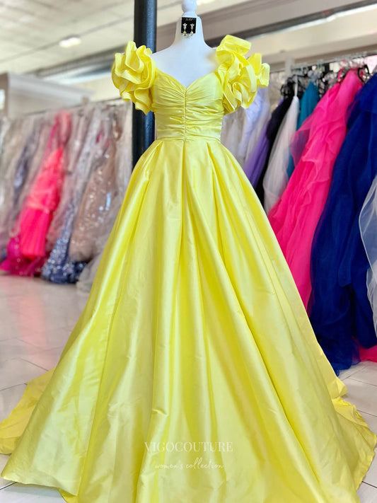 Prom Dress 2025 Puffed Sleeve Cheap Prom Dresses Satin Pleated Bodice Formal Gown 24154-unique elegant Prom Dresses-Yellow-Custom Size-vigocouture