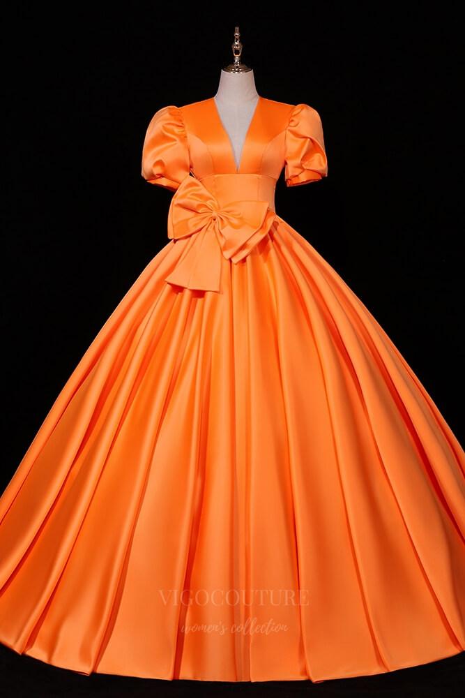 Prom Dress 2025 Puffed Sleeve Plunging V-Neck Prom Dress 20687-unique elegant Prom Dresses-Orange-US2-vigocouture