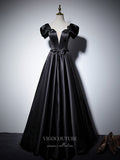 Prom Dress 2025 Puffed Sleeve Prom Dresses Plunging V-Neck Formal Dresses 21062-unique elegant Prom Dresses-Black-US2-vigocouture