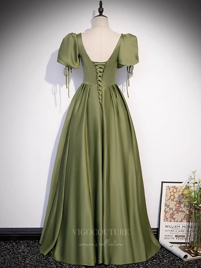 Prom Dress 2025 Puffed Sleeve Prom Dresses Satin A-Line Formal Dresses 20869-unique elegant Prom Dresses-Green-Custom Size-vigocouture