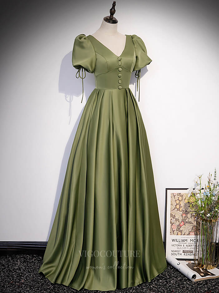 Prom Dress 2025 Puffed Sleeve Prom Dresses Satin A-Line Formal Dresses 20869-unique elegant Prom Dresses-Green-Custom Size-vigocouture