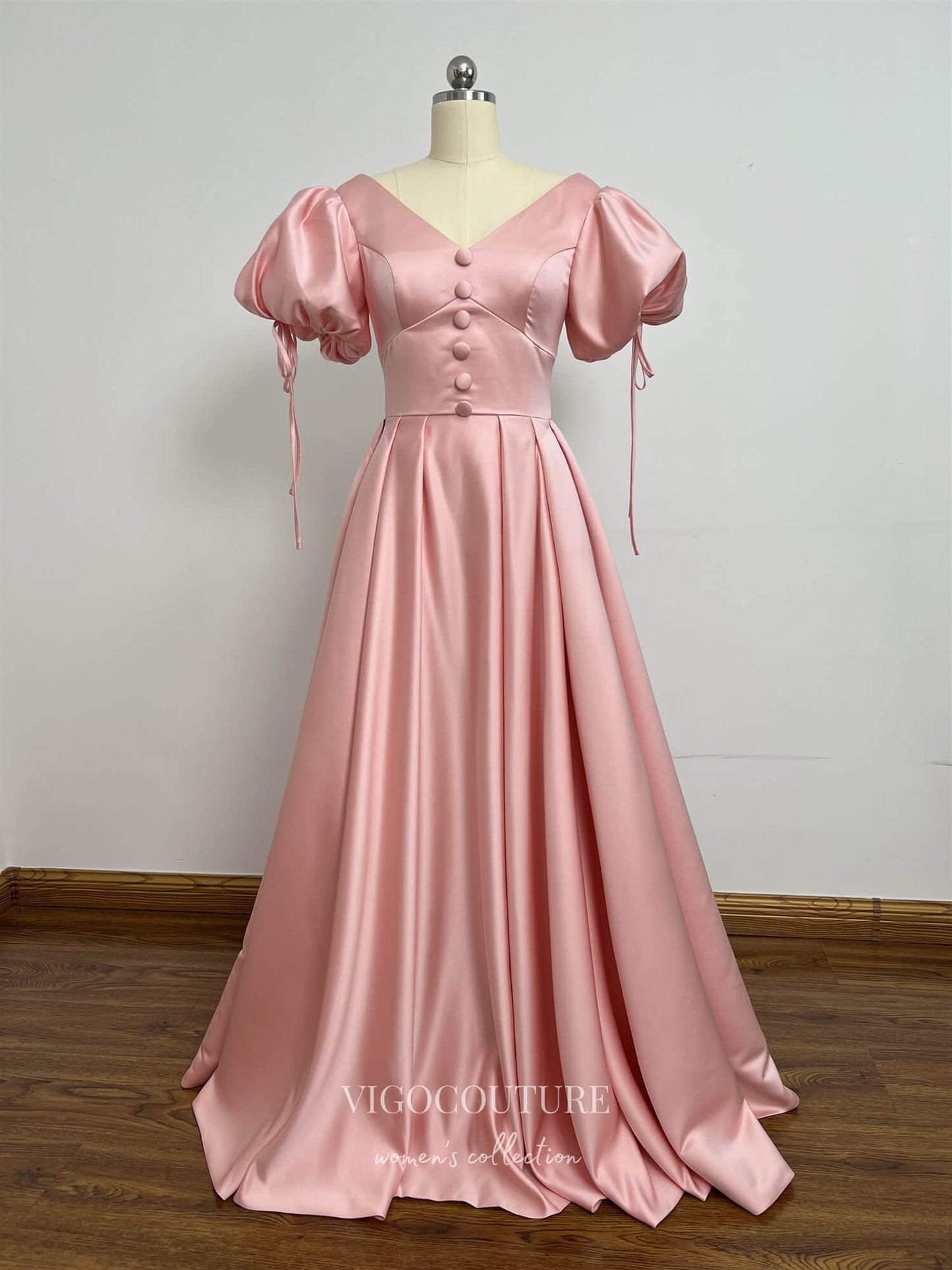 Prom Dress 2025 Puffed Sleeve Prom Dresses Satin A-Line Formal Dresses 20869-unique elegant Prom Dresses-Pink-Custom Size-vigocouture