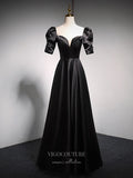 Prom Dress 2025 Puffed Sleeve Prom Dresses Satin Formal Dresses 21071-unique elegant Prom Dresses-Black-Custom Size-vigocouture