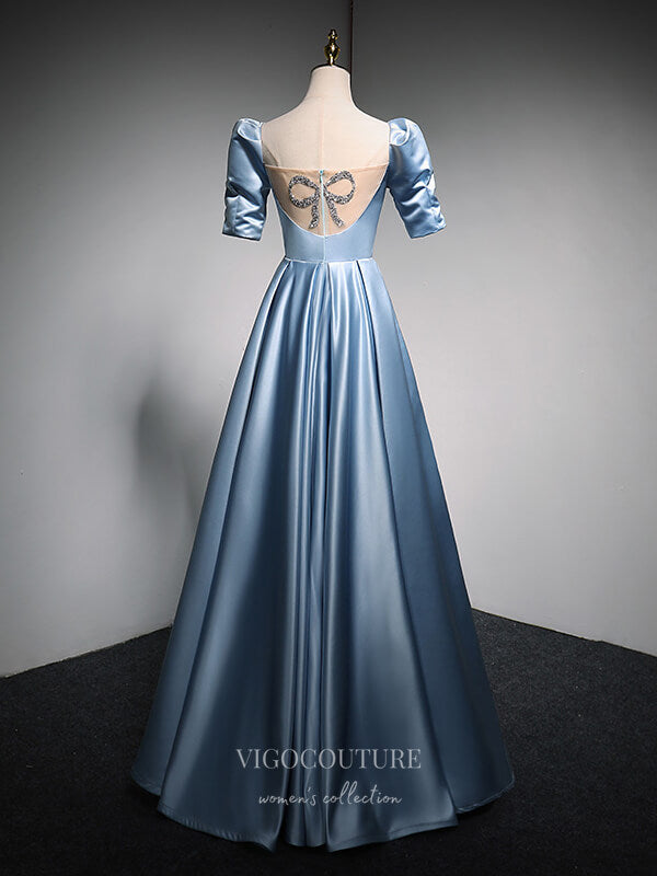 Prom Dress 2025 Puffed Sleeve Prom Dresses Satin Formal Dresses 21071-unique elegant Prom Dresses-Light Blue-Custom Size-vigocouture