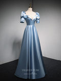 Prom Dress 2025 Puffed Sleeve Prom Dresses Satin Formal Dresses 21071-unique elegant Prom Dresses-Light Blue-Custom Size-vigocouture