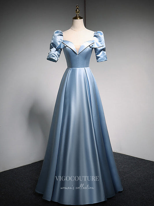 Prom Dress 2025 Puffed Sleeve Prom Dresses Satin Formal Dresses 21071-unique elegant Prom Dresses-Light Blue-Custom Size-vigocouture