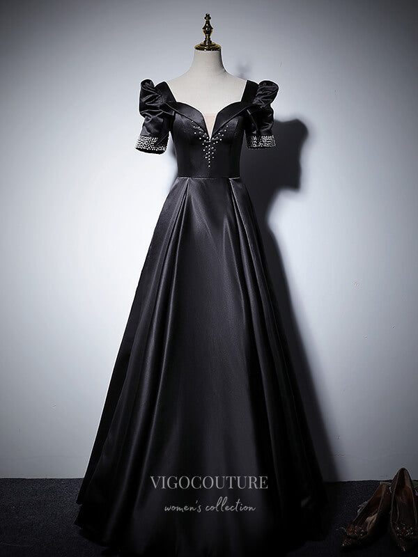 Prom Dress 2025 Puffed Sleeve Satin Prom Dresses Beaded Formal Dresses 21066-unique elegant Prom Dresses-Black-Custom Size-vigocouture