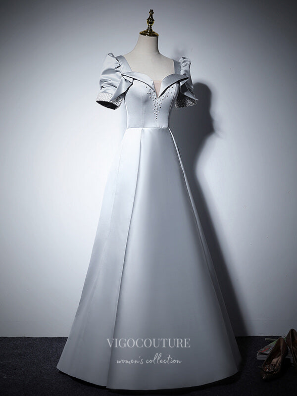 Prom Dress 2025 Puffed Sleeve Satin Prom Dresses Beaded Formal Dresses 21066-unique elegant Prom Dresses-Silver-Custom Size-vigocouture