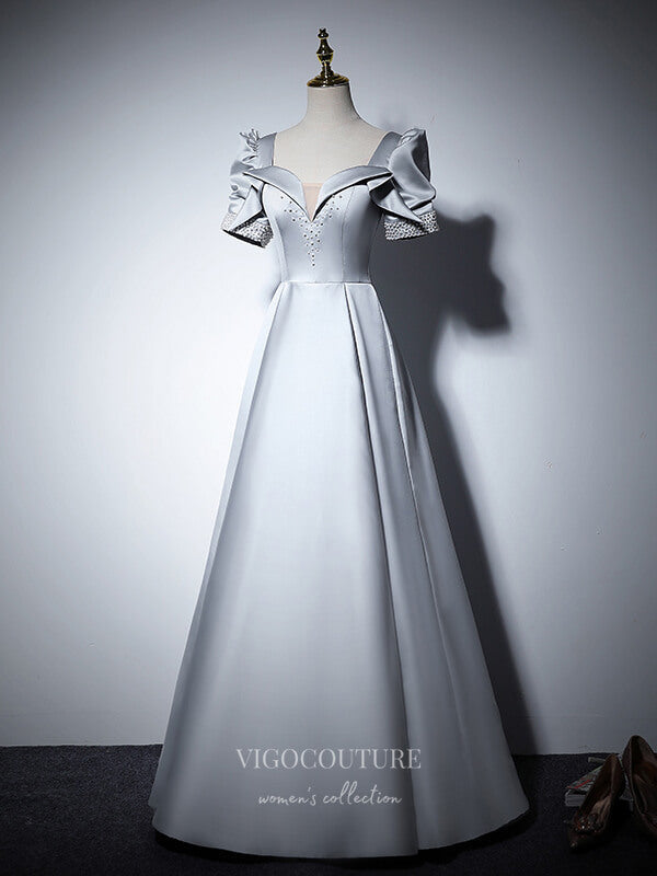 Prom Dress 2025 Puffed Sleeve Satin Prom Dresses Beaded Formal Dresses 21066-unique elegant Prom Dresses-Silver-Custom Size-vigocouture