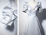 Prom Dress 2025 Puffed Sleeve Satin Prom Dresses Beaded Formal Dresses 21066-unique elegant Prom Dresses-Silver-Custom Size-vigocouture