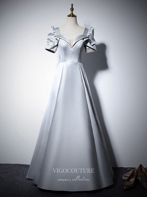 Prom Dress 2025 Puffed Sleeve Satin Prom Dresses Beaded Formal Dresses 21066-unique elegant Prom Dresses-Silver-Custom Size-vigocouture