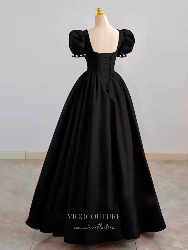 Prom Dress 2025 Puffed Sleeve Satin Prom Dresses Sweetheart Neck Formal Dresses 21051-unique elegant Prom Dresses-Black-Custom Size-vigocouture