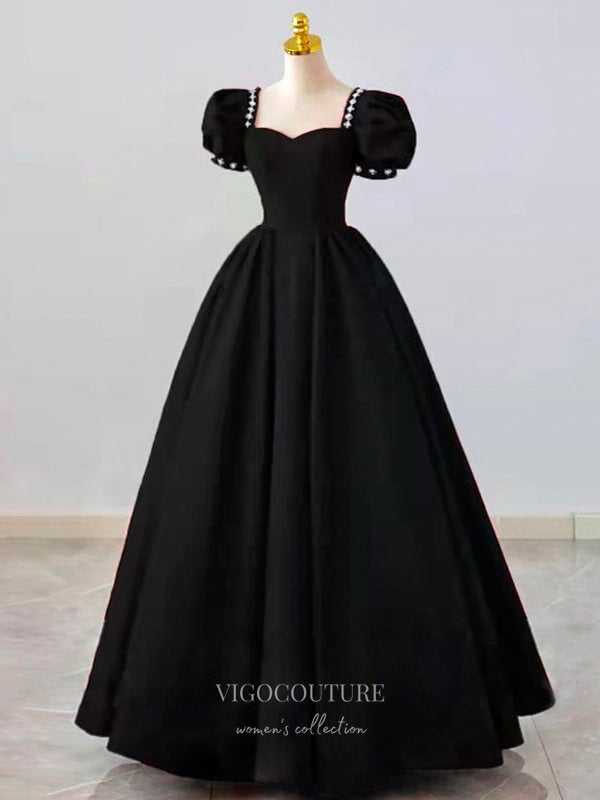 Prom Dress 2025 Puffed Sleeve Satin Prom Dresses Sweetheart Neck Formal Dresses 21051-unique elegant Prom Dresses-Black-Custom Size-vigocouture