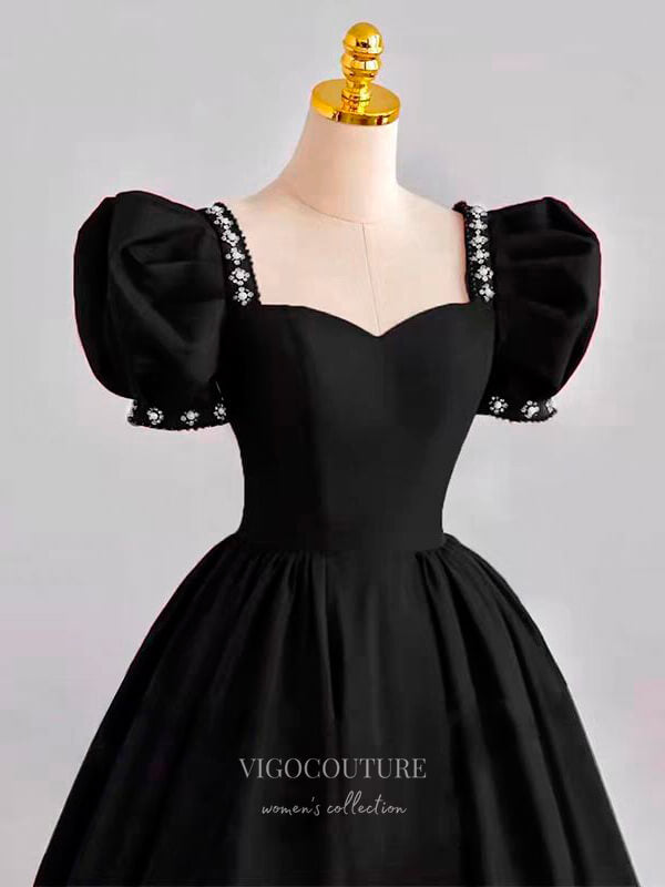 Prom Dress 2025 Puffed Sleeve Satin Prom Dresses Sweetheart Neck Formal Dresses 21051-unique elegant Prom Dresses-Black-Custom Size-vigocouture