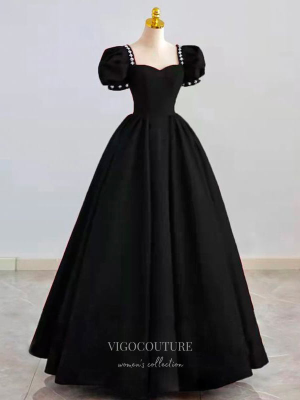 Prom Dress 2025 Puffed Sleeve Satin Prom Dresses Sweetheart Neck Formal Dresses 21051-unique elegant Prom Dresses-Black-Custom Size-vigocouture