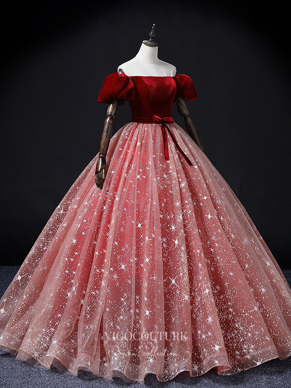 Puffed Sleeve Velvet Prom Dress Sparkly Tulle Princess Dresses 21361 vigocouture Puffed Sleeve Velvet Prom Dress Sparkly Tulle Princess Dresses 21361 vigocouture