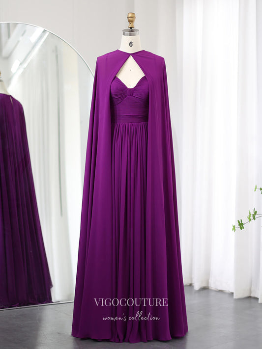 Prom Dress 2025 Purple Chiffon Sheath Prom Dresses Cape Sleeve Mother of the Bride Dress 24441-unique elegant Prom Dresses-Purple-Custom Size-vigocouture