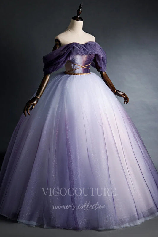 vigocouture-Purple Ombre Lace Applique Sweet 16 Dresses Off the Shoulder Ball Gown 20471-Prom Dresses-vigocouture-Purple-Custom Size-