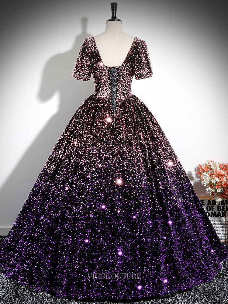 Purple Ombre Sequin Prom Dresses with Short Sleeve, Sparkly Quinceanera Dresses BG028 Custom Colors / US8