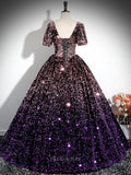 Prom Dresses 2025 to impress Purple Ombre Sequin Prom Dresses with Short Sleeve, Sparkly Quinceanera Dresses BG028-vigocouture-vigocouture