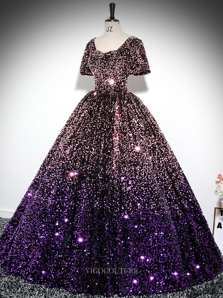 Prom Dresses 2025 to impress Purple Ombre Sequin Prom Dresses with Short Sleeve, Sparkly Quinceanera Dresses BG028-vigocouture-vigocouture