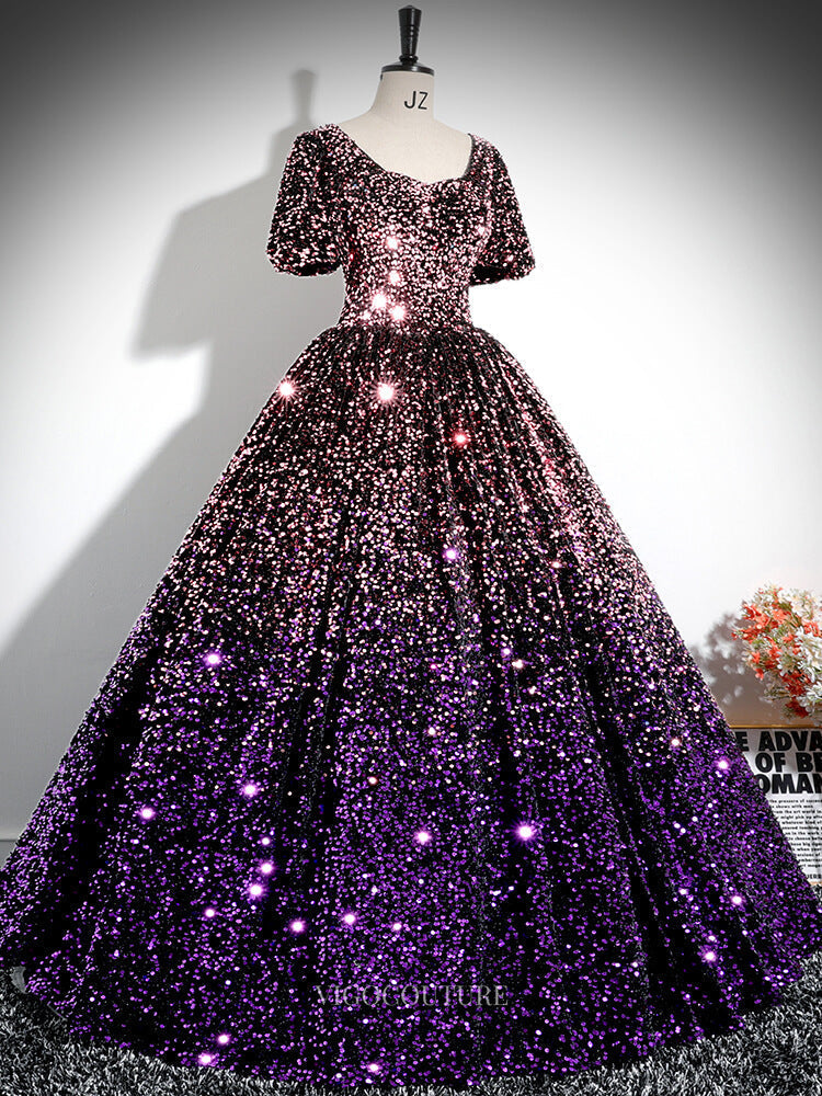 Purple Ombre Sequin Prom Dresses with Short Sleeve, Sparkly Quinceaner – vigocouture