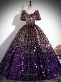 Prom Dresses 2025 to impress Purple Ombre Sequin Prom Dresses with Short Sleeve, Sparkly Quinceanera Dresses BG028-vigocouture-Purple-Custom Size-vigocouture