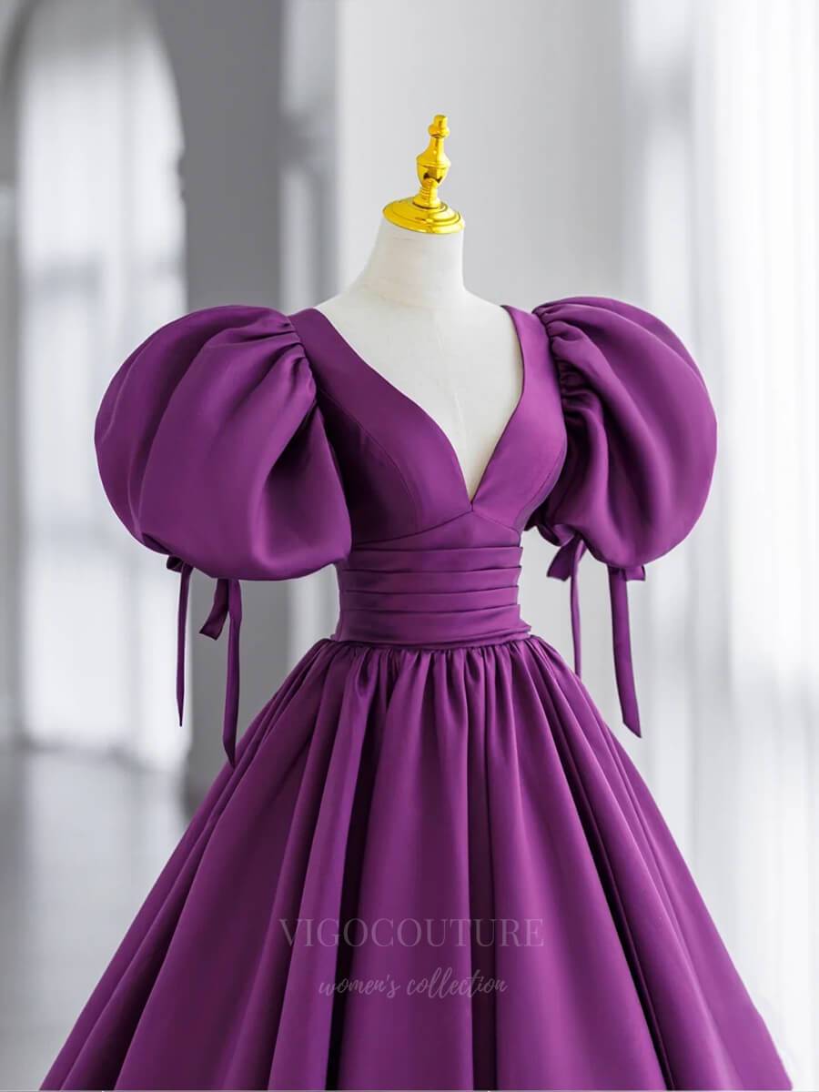 Prom Dress 2025 Purple Puffed Sleeve Plunging V-Neck Prom Dress 20682-unique elegant Prom Dresses-Purple-US2-vigocouture